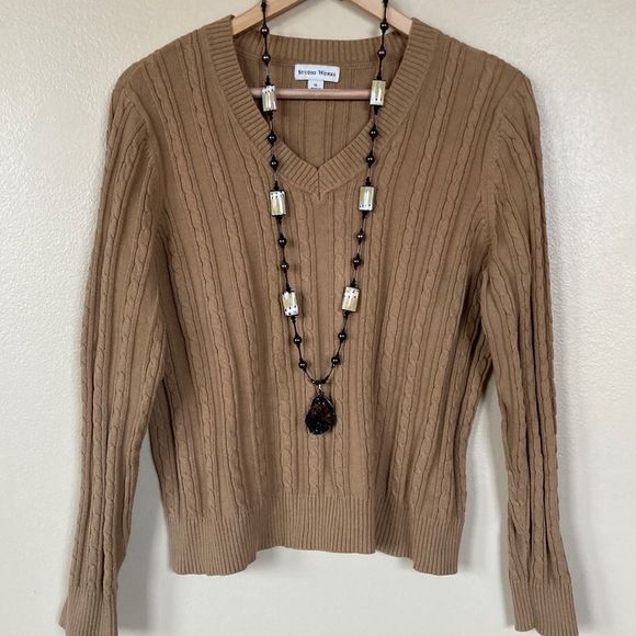 Studio Works Flat Knit Camel V-Neck Pullover Long Sleeve Sweater - Picture 1 of 14